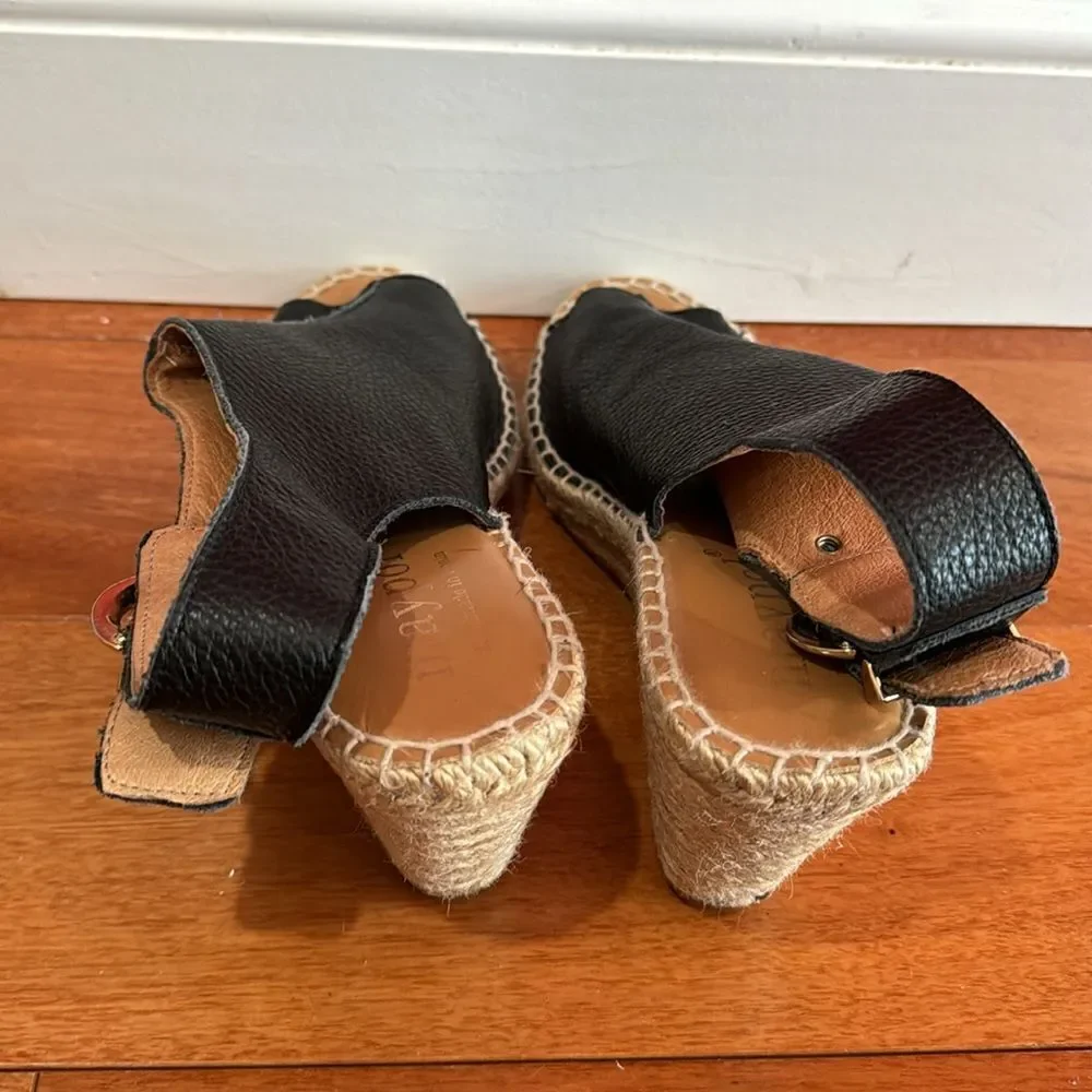 Anthropologie Maypol black Leather Cross Band‎ Espadrilles Wedge Sandals 40/9